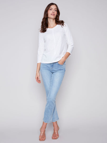 COTTON ELBOW SLEEVE WHITE KNIT TOP Top Charlie B. 
