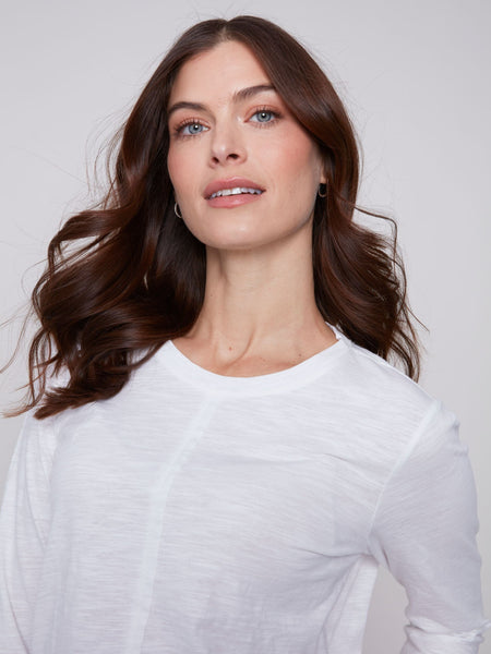 COTTON ELBOW SLEEVE WHITE KNIT TOP Top Charlie B. S White 
