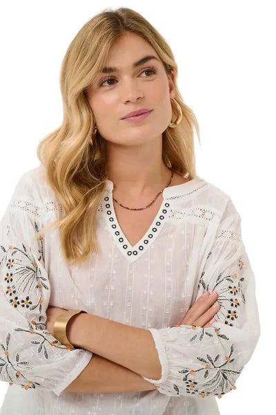 COTTON EMBROIDERED DETAILED SLEEVE TOP Shirts & Tops CREAM 36 Whisper White 