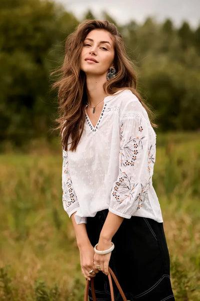 COTTON EMBROIDERED DETAILED SLEEVE TOP Shirts & Tops CREAM 