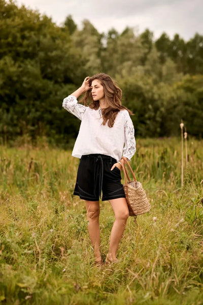 COTTON EMBROIDERED DETAILED SLEEVE TOP Shirts & Tops CREAM 