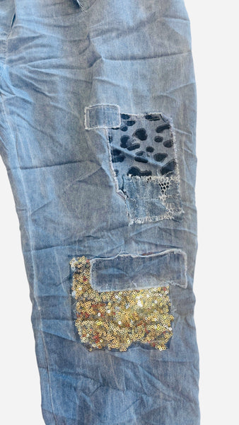 CRINKLE BLUE DRAWSTRING SEQUIN LEOPARD PATCH PANT Pants FashionWear 