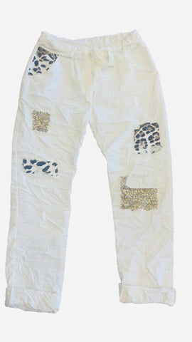 CRINKLE WINTER WHITE DRAWSTRING SEQUIN LEOPARD PATCH PANT Pants FashionWear OS Winter White 