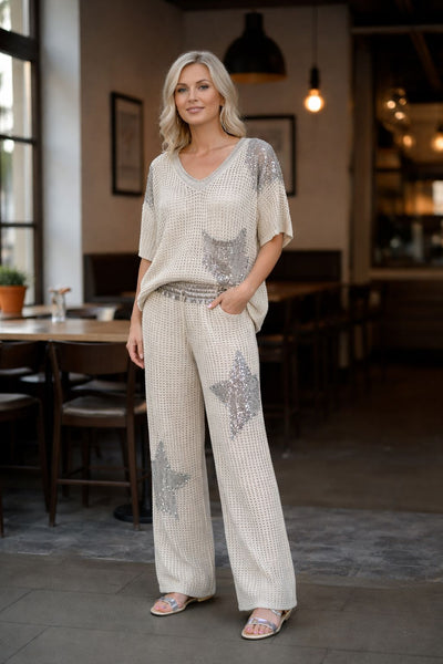 CROCHET LINED STAR SEQUINED ELASTIC WAIST PANT Pant Eternelle O/S Silver Star 