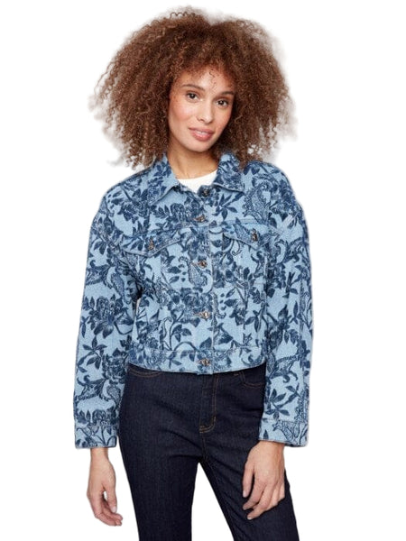 CROPPED BLUE DENIM FLORAL JACKET Vest Charlie B 