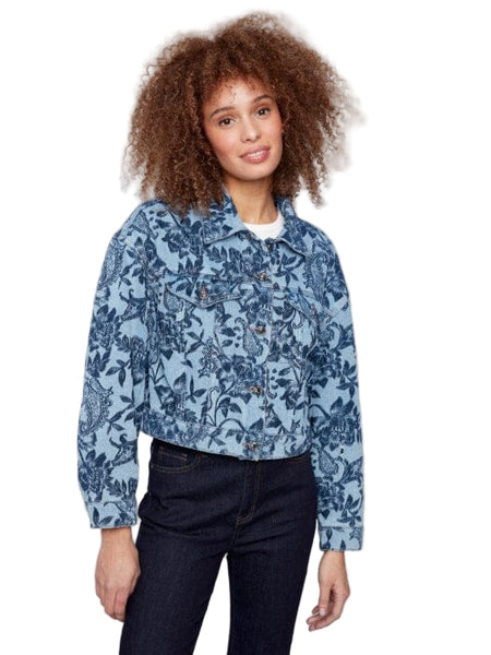CROPPED BLUE DENIM FLORAL JACKET Vest Charlie B 