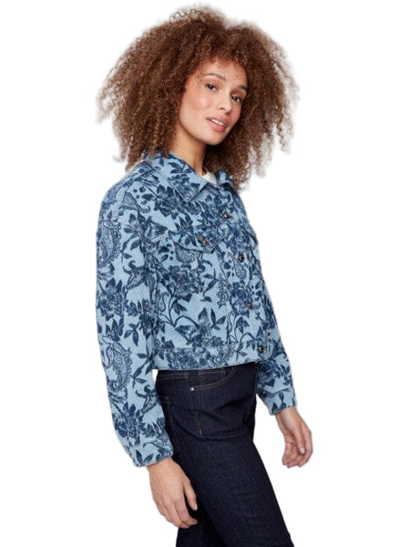 CROPPED BLUE DENIM FLORAL JACKET Vest Charlie B 