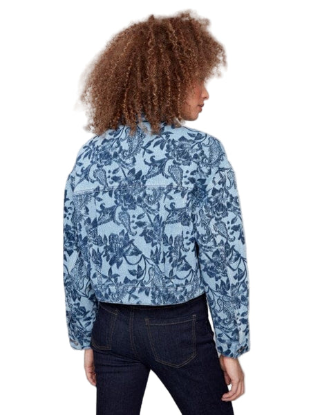 CROPPED BLUE DENIM FLORAL JACKET Vest Charlie B 