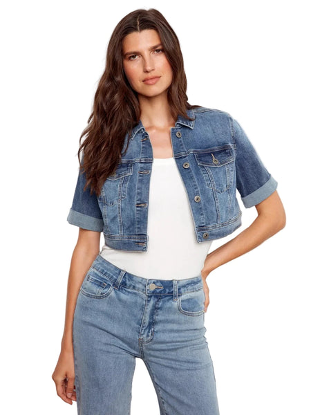 CROPPED SHORT SLEEVE DENIM JACKET Jacket Charlie B S Medium Blue 