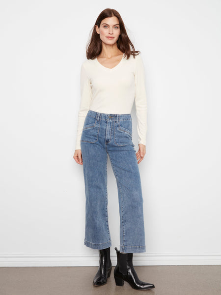 CROPPED WIDE LEG STRETCH DENIM PANTS WITH PATCH POCKETS Jeans Charlie B. 