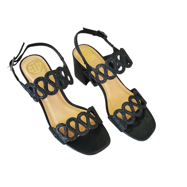 CRYSTAL BLACK CHUNKY HEEL SANDAL Shoes Little Empress 