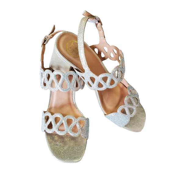 CRYSTAL GOLD CHUNKY HEEL SANDAL Shoes Little Empress 