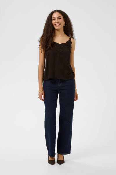 DARK BROWN FLOWY TANK WITH LACE NECKLINE AND ADJUSTABLE STRAPS Camisole CREAM 