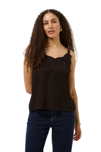 DARK BROWN FLOWY TANK WITH LACE NECKLINE AND ADJUSTABLE STRAPS Camisole CREAM 36 Dark Brown 