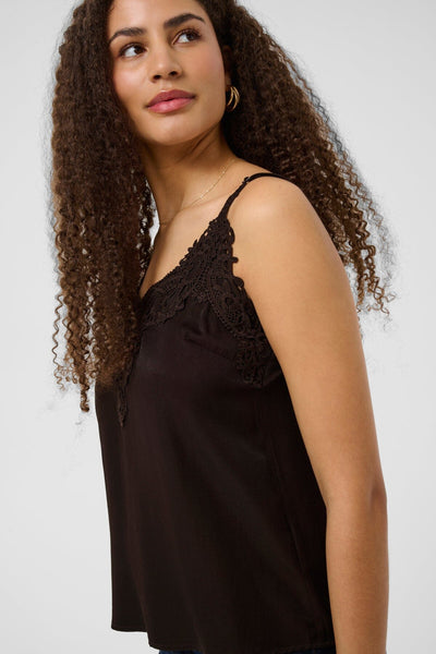 DARK BROWN FLOWY TANK WITH LACE NECKLINE AND ADJUSTABLE STRAPS Camisole CREAM 