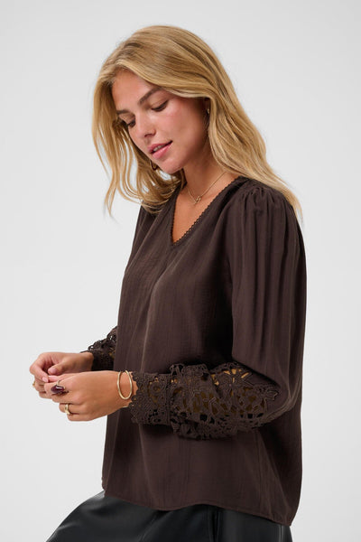 DARK BROWN LACE CUFF V NECK BLOUSE Blouse CREAM 