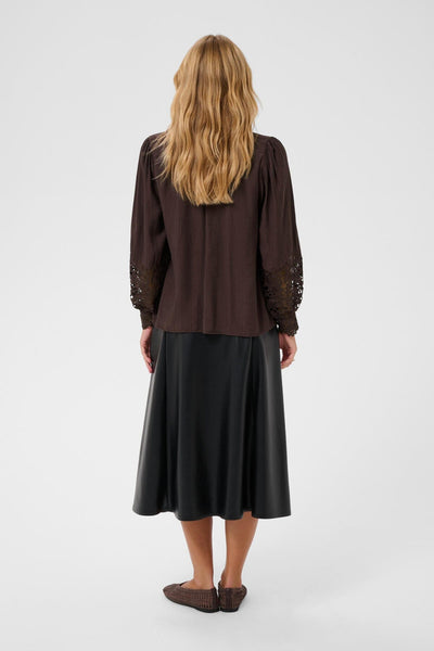 DARK BROWN LACE CUFF V NECK BLOUSE Blouse CREAM 