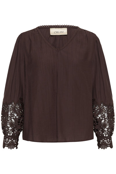 DARK BROWN LACE CUFF V NECK BLOUSE Blouse CREAM 