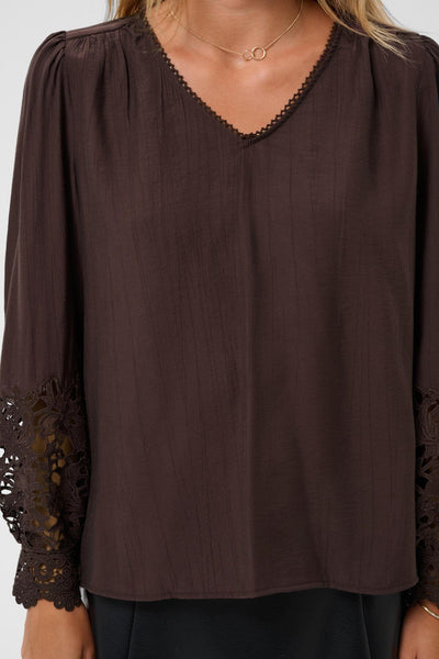 DARK BROWN LACE CUFF V NECK BLOUSE Blouse CREAM 