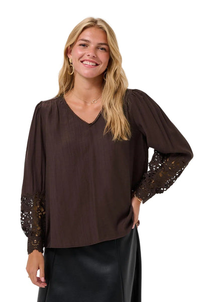 DARK BROWN LACE CUFF V NECK BLOUSE Blouse CREAM 36 Dark Brown 