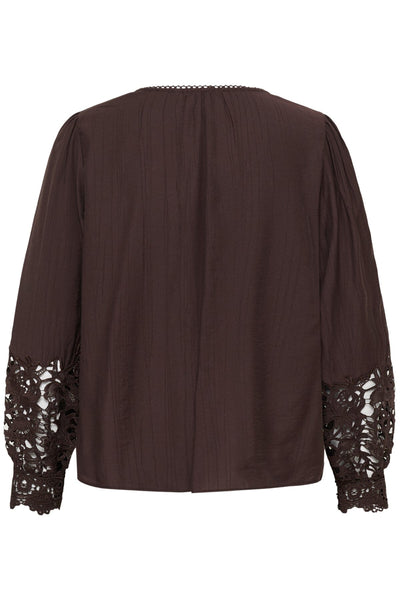DARK BROWN LACE CUFF V NECK BLOUSE Blouse CREAM 
