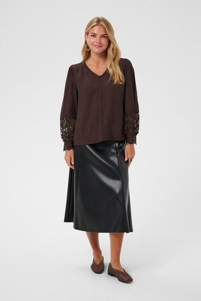 DARK BROWN LACE CUFF V NECK BLOUSE Blouse CREAM 