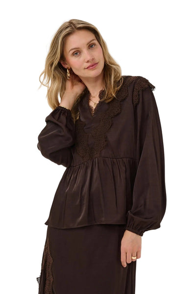 DARK BROWN LACE TRIM PEPLUM BLOUSE Blouse CREAM 34 Dark Brown 