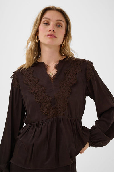 DARK BROWN LACE TRIM PEPLUM BLOUSE Blouse CREAM 