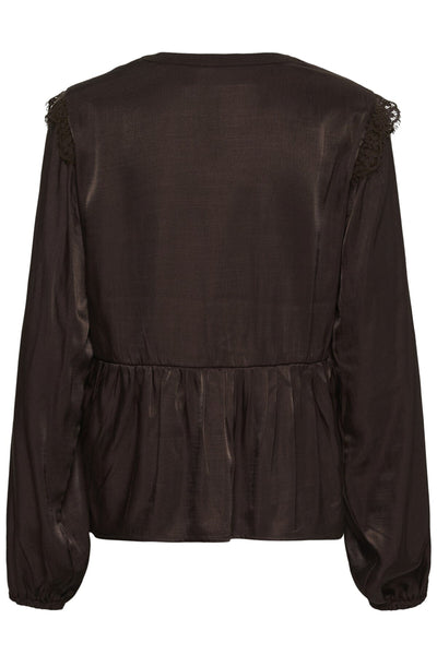 DARK BROWN LACE TRIM PEPLUM BLOUSE Blouse CREAM 