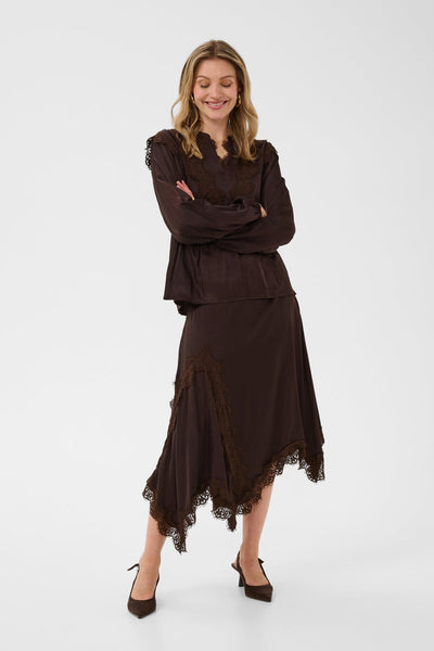 DARK BROWN LACE TRIM PEPLUM BLOUSE Blouse CREAM 