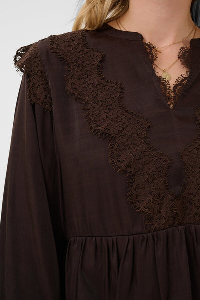DARK BROWN LACE TRIM PEPLUM BLOUSE Blouse CREAM 