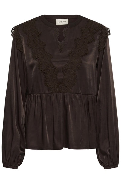 DARK BROWN LACE TRIM PEPLUM BLOUSE Blouse CREAM 