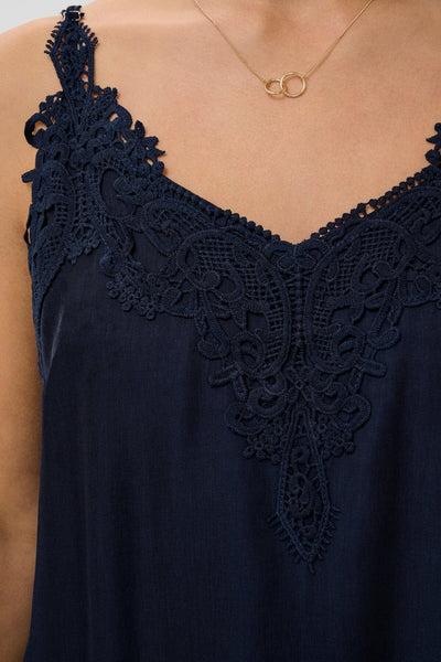 DARK NAVY FLOWY TANK WITH LACE NECKLINE AND ADJUSTABLE STRAPS Camisole CREAM 