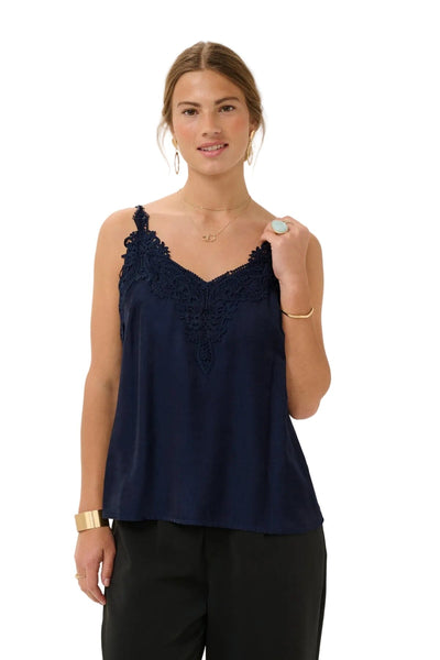 DARK NAVY FLOWY TANK WITH LACE NECKLINE AND ADJUSTABLE STRAPS Camisole CREAM 36 Dark Navy 