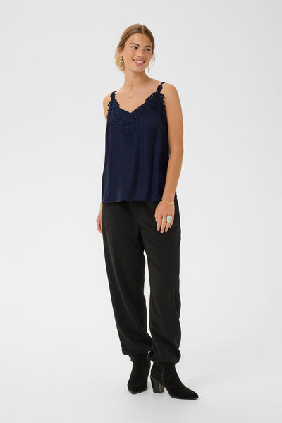 DARK NAVY FLOWY TANK WITH LACE NECKLINE AND ADJUSTABLE STRAPS Camisole CREAM 