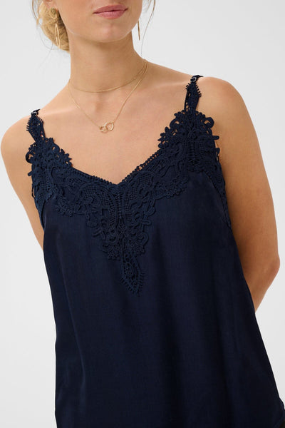 DARK NAVY FLOWY TANK WITH LACE NECKLINE AND ADJUSTABLE STRAPS Camisole CREAM 