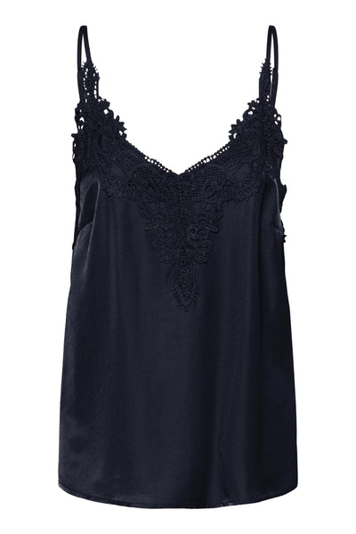 DARK NAVY FLOWY TANK WITH LACE NECKLINE AND ADJUSTABLE STRAPS Camisole CREAM 
