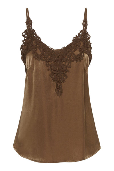 DARK TAUPE FLOWY TANK WITH LACE NECKLINE AND ADJUSTABLE STRAPS Camisole CREAM 