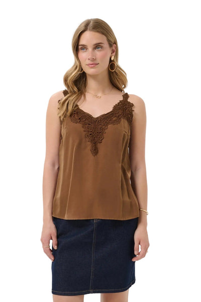 DARK TAUPE FLOWY TANK WITH LACE NECKLINE AND ADJUSTABLE STRAPS Camisole CREAM 