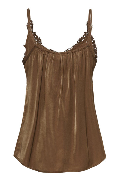 DARK TAUPE FLOWY TANK WITH LACE NECKLINE AND ADJUSTABLE STRAPS Camisole CREAM 