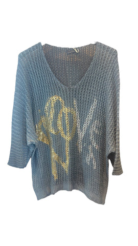 DENIM BLUE METALLIC LOVE LOOSE OPEN KNIT SWEATER Sweater Karma 