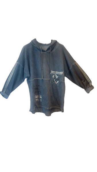 DENIM BLUE SILVER HEART BEAUTIFIUL COTTON HOODY Sweater Karma 