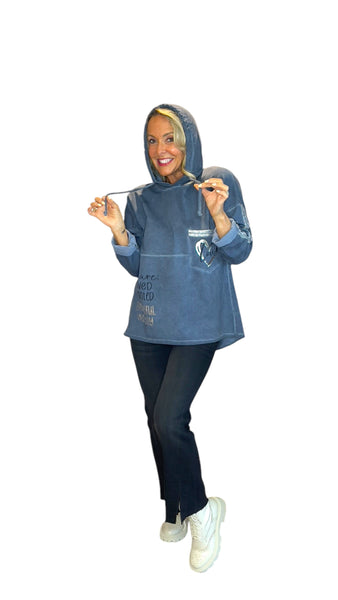 DENIM BLUE SILVER HEART BEAUTIFIUL COTTON HOODY Sweater Karma 