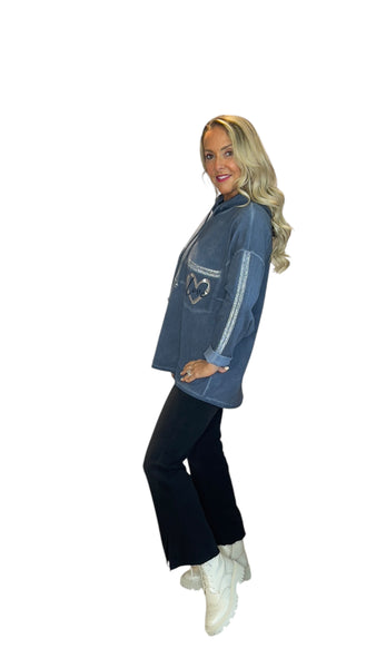 DENIM BLUE SILVER HEART BEAUTIFIUL COTTON HOODY Sweater Karma 