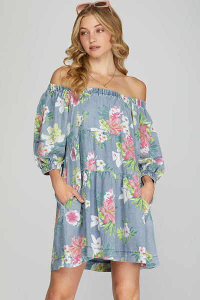 DENIM CHAMBRAY FLORAL ELASTIC NECK DRESS Dress FashionWear Collection 