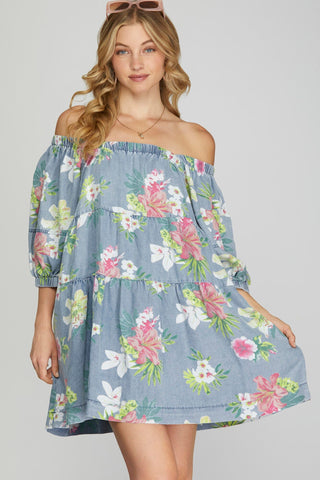 DENIM CHAMBRAY FLORAL ELASTIC NECK DRESS Dress FashionWear Collection 