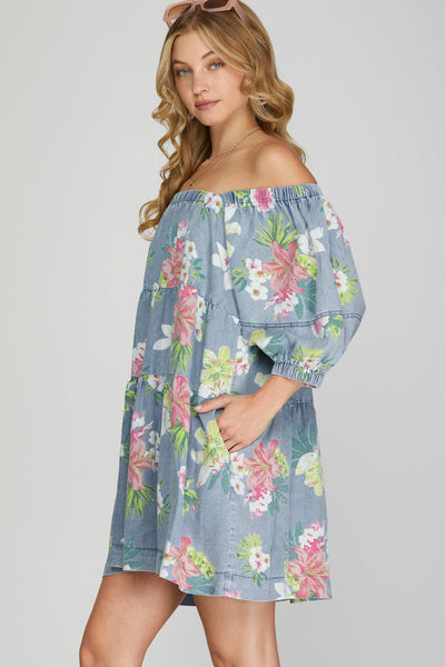 DENIM CHAMBRAY FLORAL ELASTIC NECK DRESS Dress FashionWear Collection 