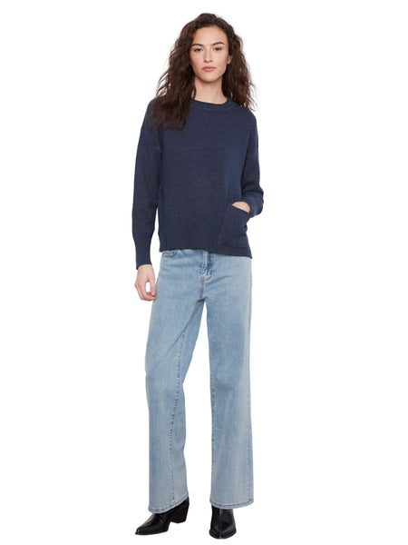 DENIM CREW NECK CROPPED SWEATER WITH FRONT POCKET SWEATER Charlie B 
