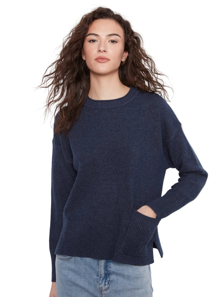 DENIM CREW NECK CROPPED SWEATER WITH FRONT POCKET SWEATER Charlie B XS Dark Denim Blue 