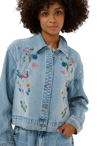 DENIM CROP EMBROIDERED JACKET Blazer CULTURE 34 Light Blue Wash 